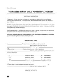 Tennessee Minor Child Power of Attorney Form