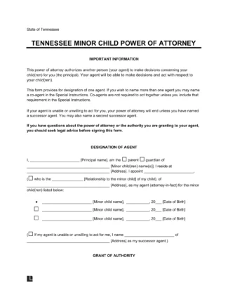 Tennessee Minor Child Power of Attorney Form