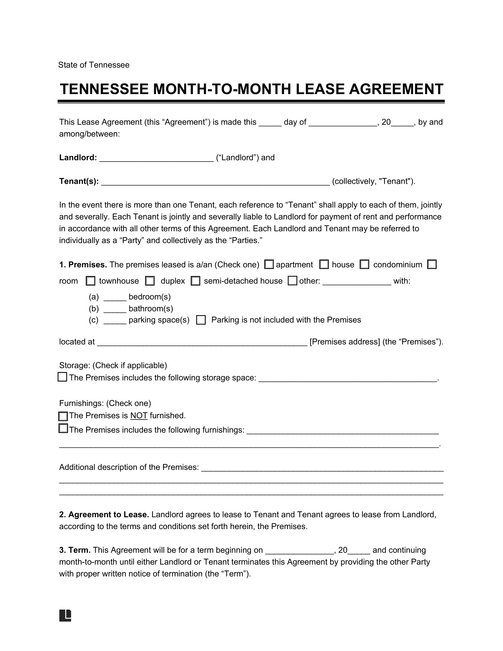 Tennessee Month-to-Month Rental Agreement