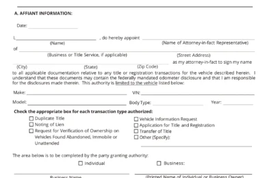 Tennessee Motor Vehicle Power of Attorney Form