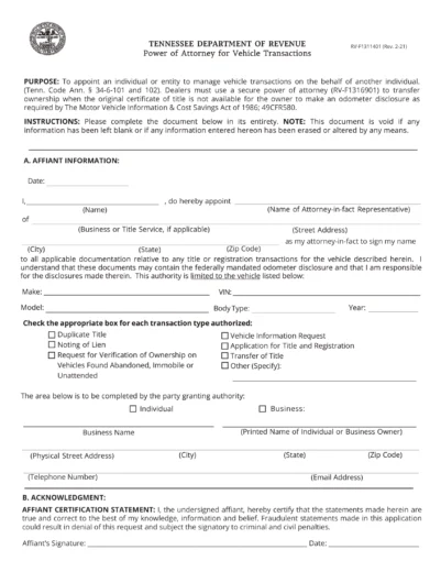 Tennessee Motor Vehicle Power of Attorney Form