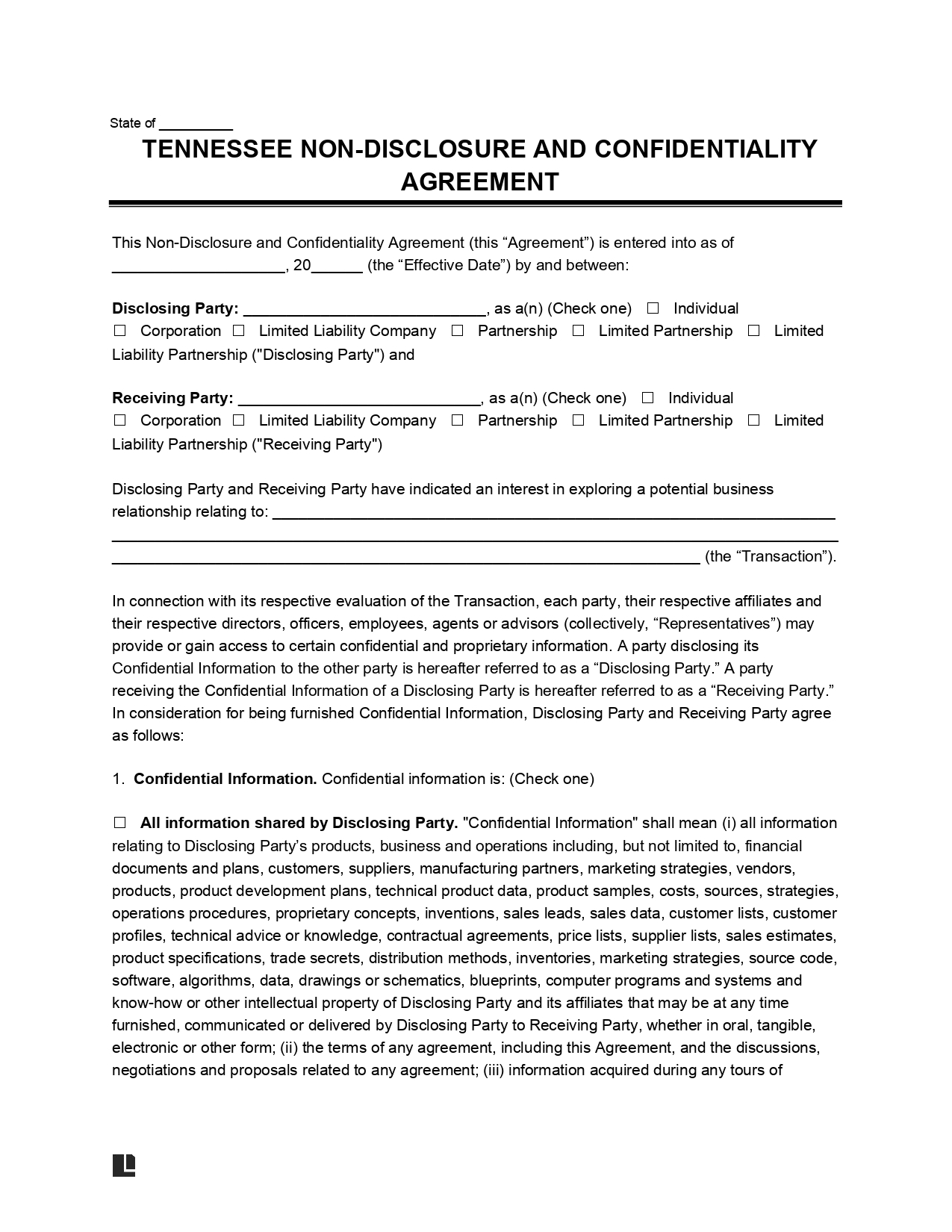 Tennessee Non-Disclosure Agreement Template