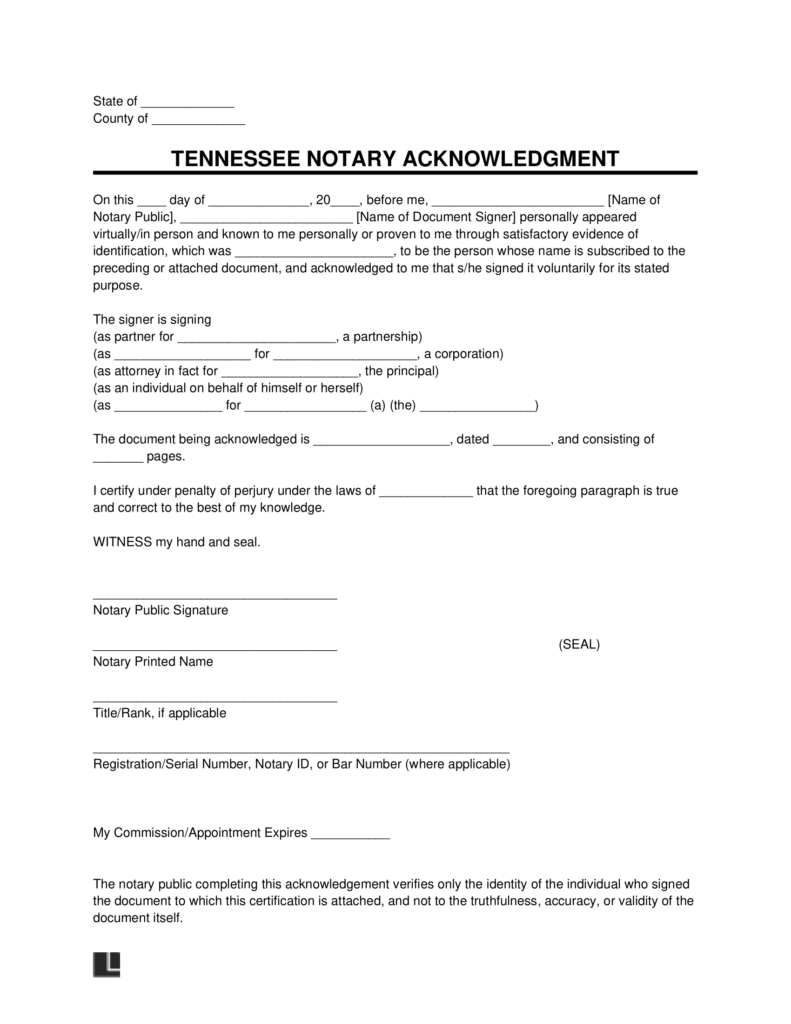 Free Tennessee Notary Acknowledgment Form | PDF & Word