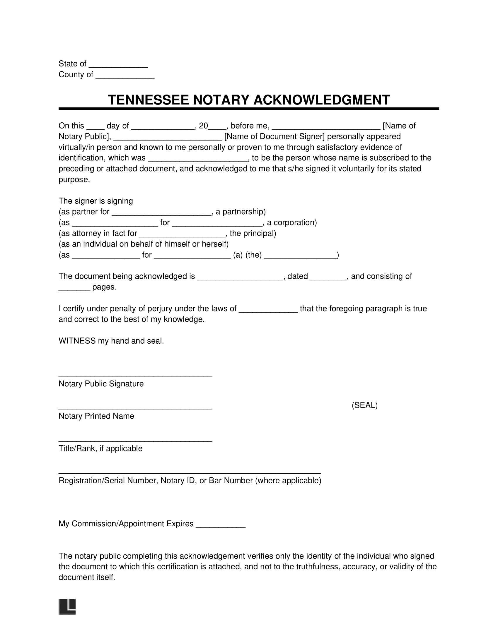 Tennessee Notary Acknowledgment Form