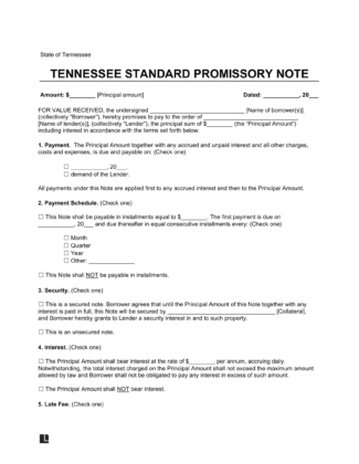 Tennessee Standard Promissory Note Template