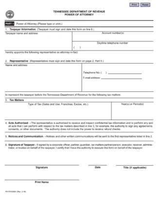 Tennessee Tax Power of Attorney Form RV-F0103801