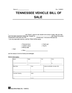 Free Tennessee Motor Vehicle Bill of Sale Form | Legal Templates