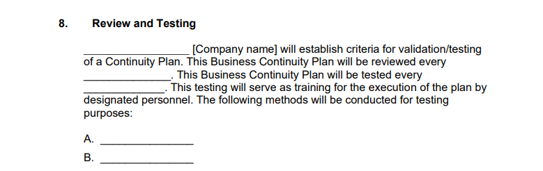 Testing business continuity plan template