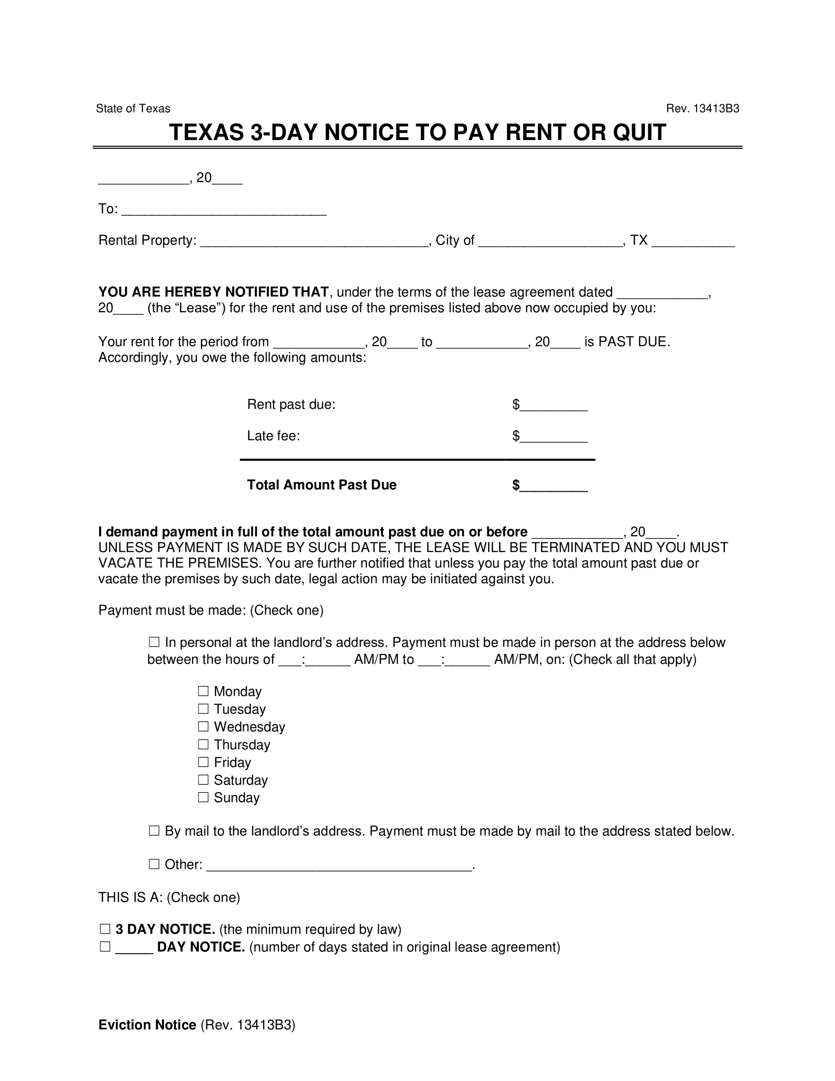 Texas 3-Day Eviction Notice to Quit (Non-Payment of Rent)