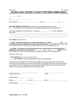 Texas 3-Day Notice to Quit for Non-Compliance