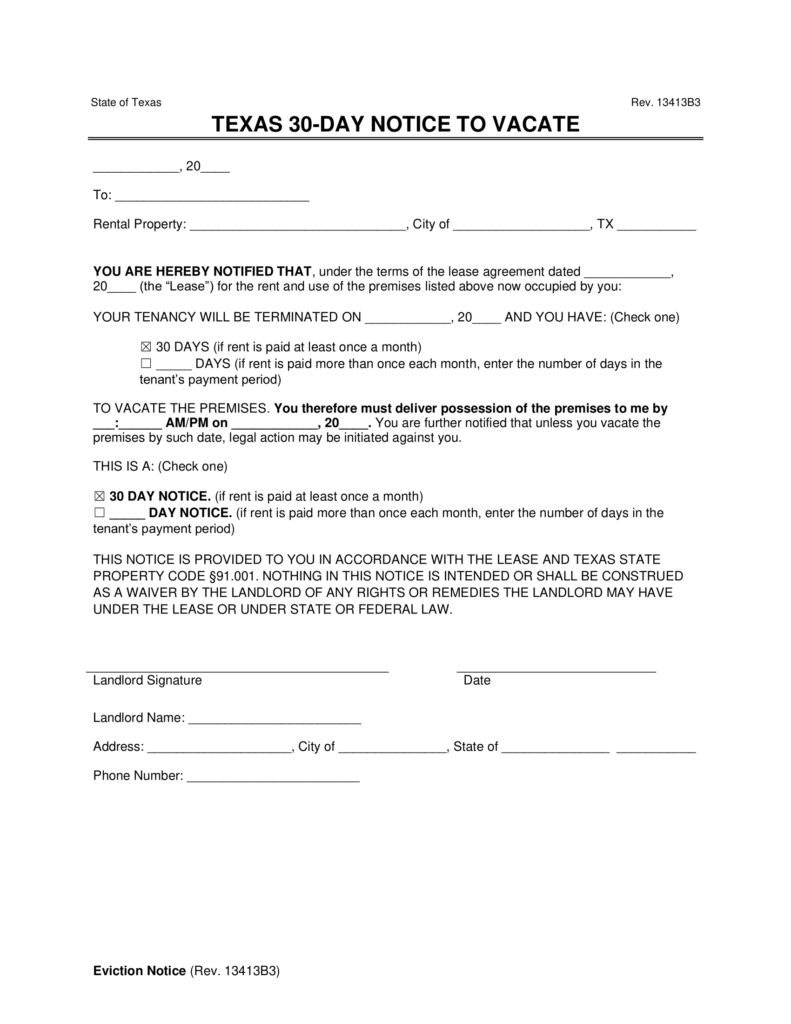 Free Texas 30 Day Notice To Vacate Lease Termination Letter Pdf And Word 
