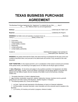 Texas Business Purchase Agreement Template