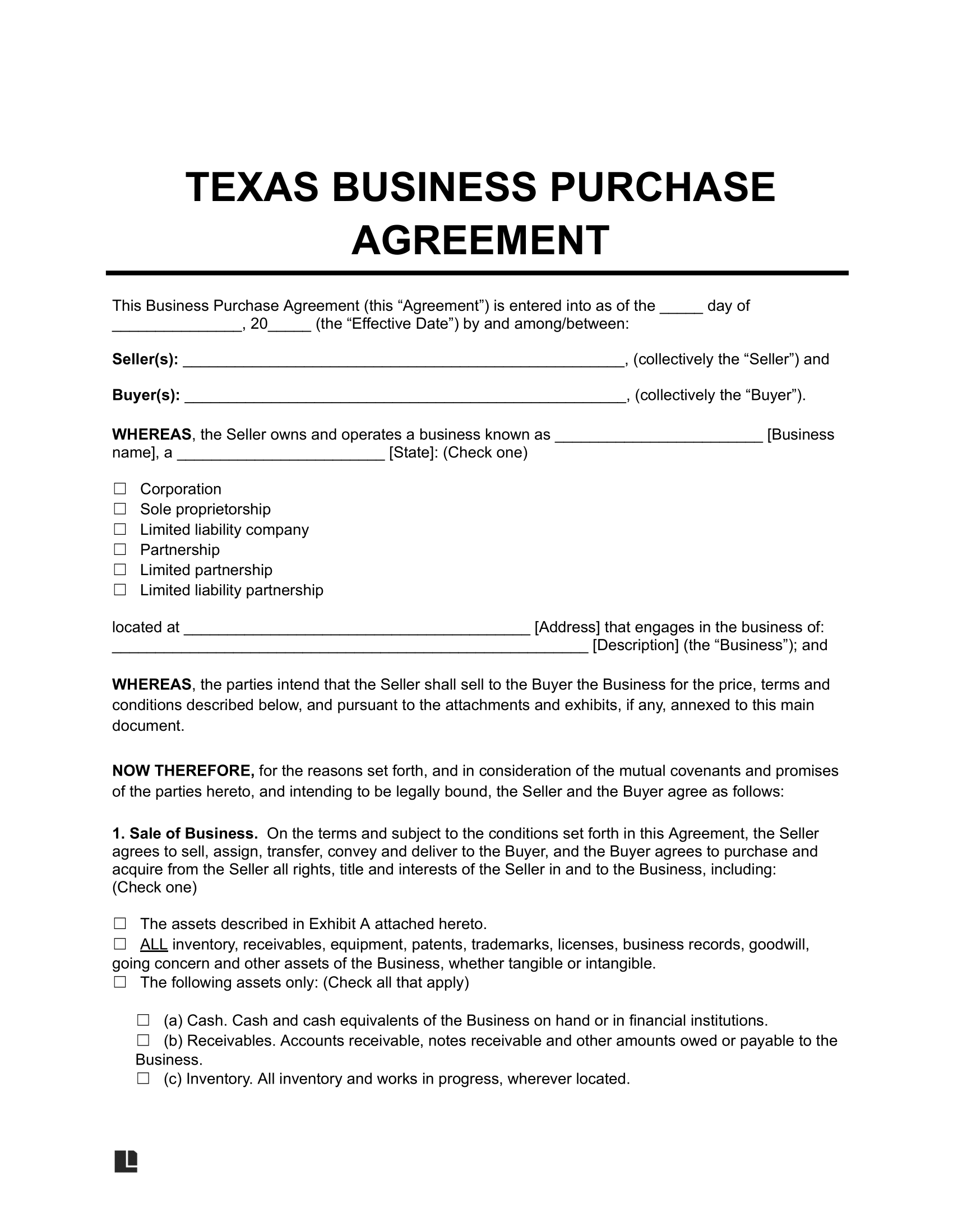 Texas Business Purchase Agreement Template