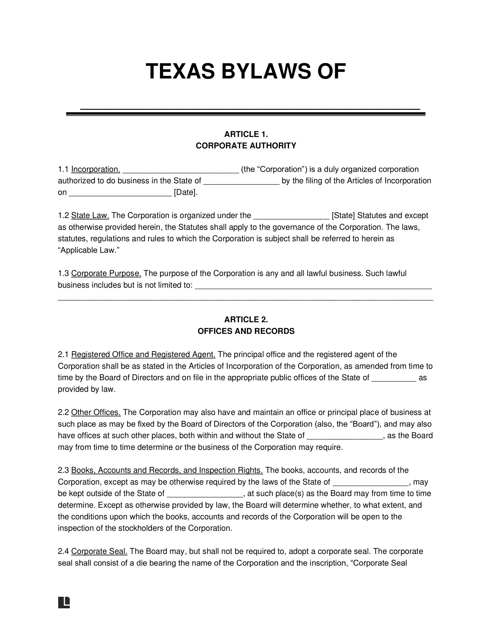 Texas Corporate Bylaws Template