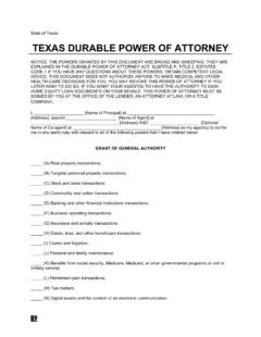 Texas Durable Statutory Power of Attorney Form