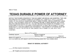 Texas Durable Statutory Power of Attorney Form