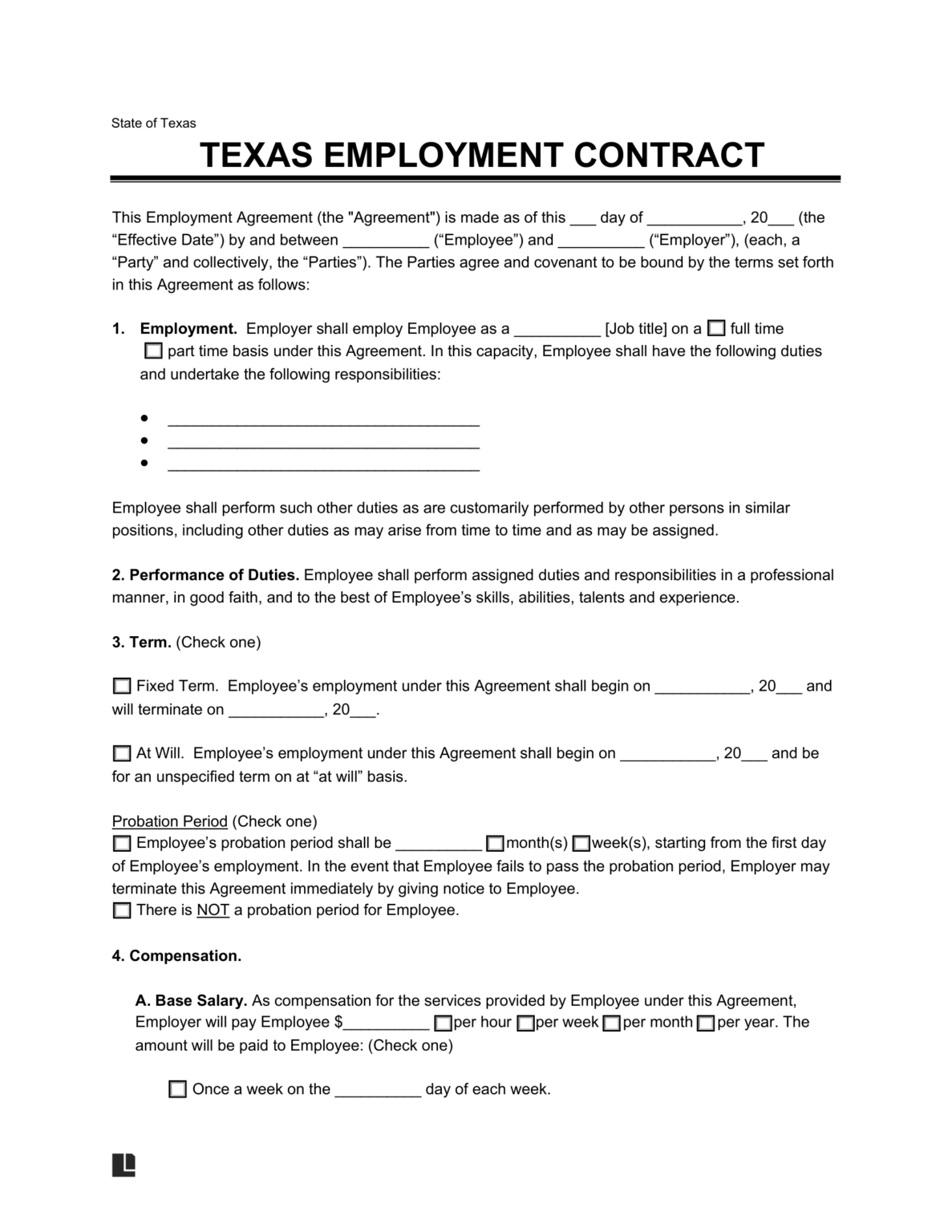 Free Texas Employment Contract Templates PDF Word
