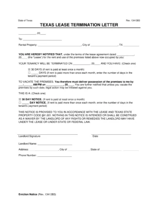Texas 30-Day Lease Termination Letter Template