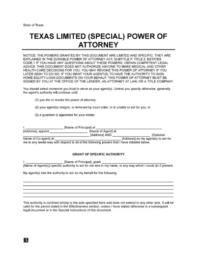 Texas Limited Power of Attorney Form