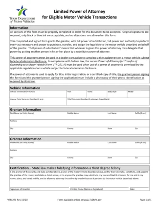 Texas Motor Vehicle Power of Attorney Form VTR-271