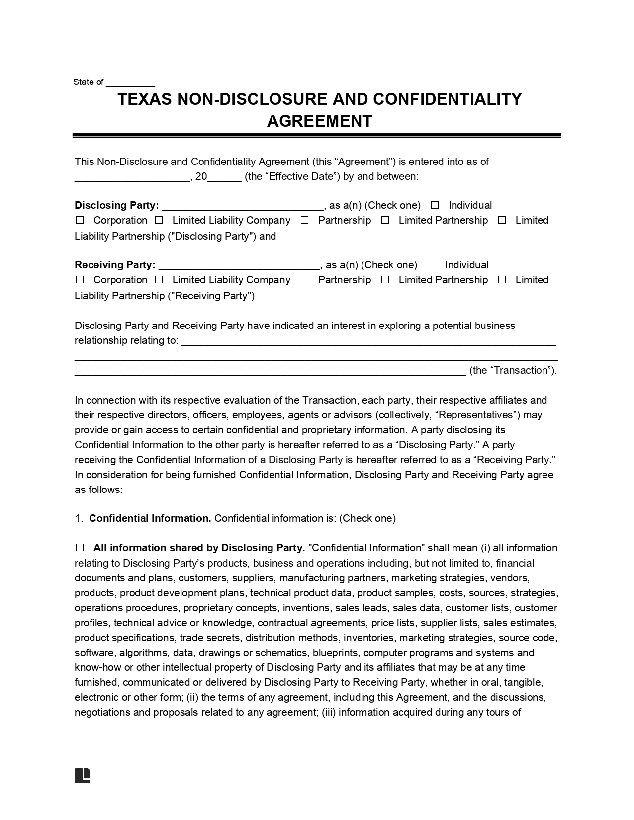 Texas Non-Disclosure Agreement Template