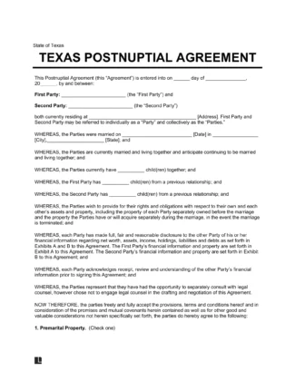 Texas Postnuptial Agreement Template
