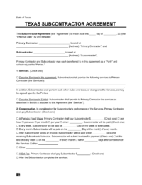 Texas Subcontractor Agreement Template