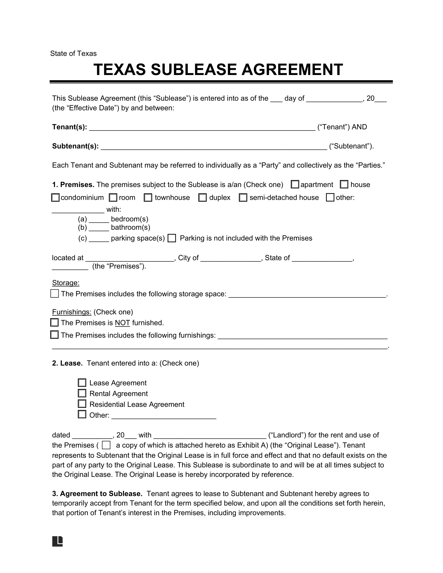 Texas Sublease Agreement Template