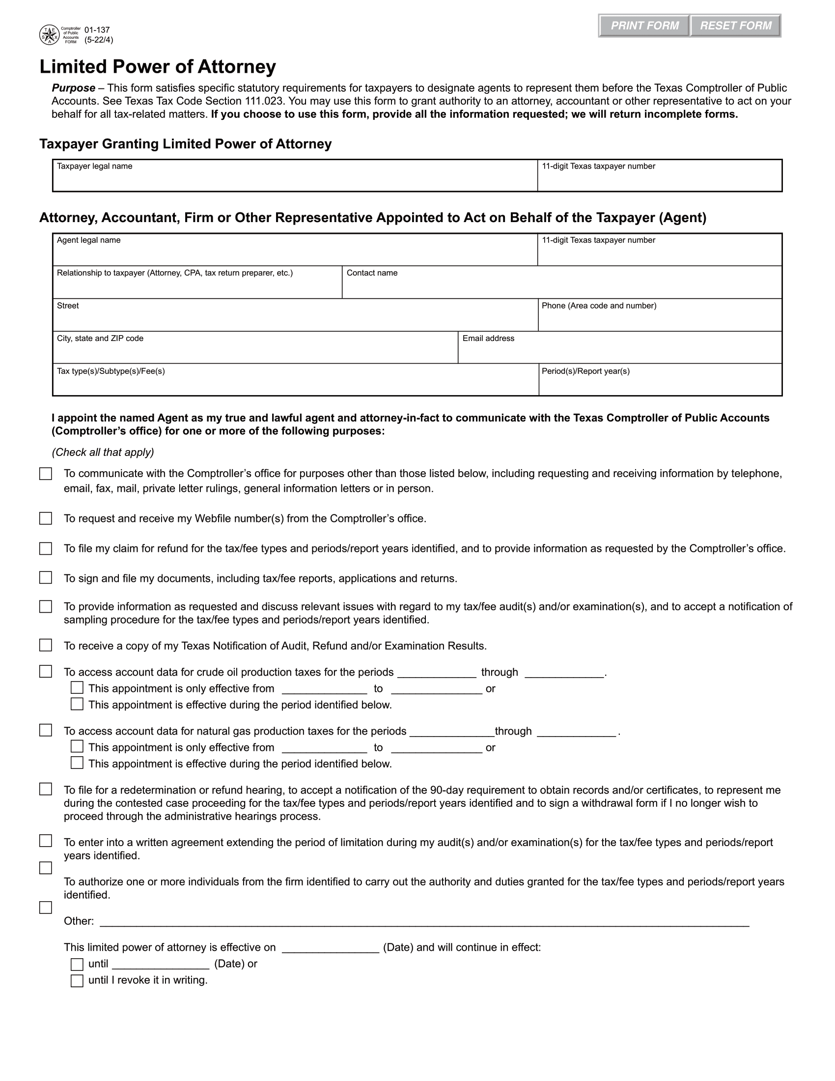 Texas Tax Power of Attorney Form 01-137