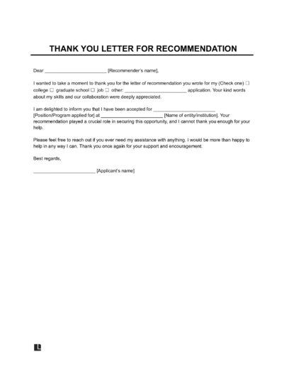 Thank You Letter for Recommendation