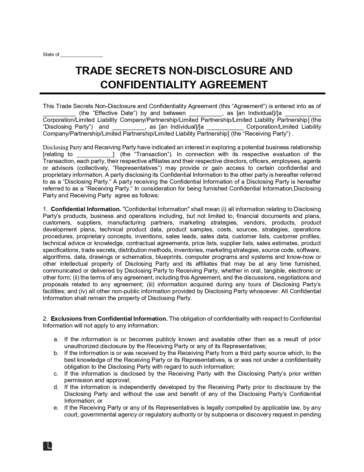 Trade Secrets Non Disclosure and Confidentiality Agreement