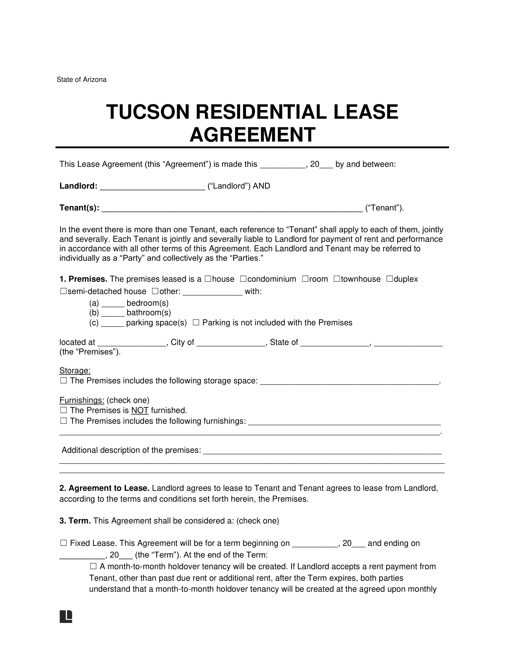Tucson Residential Lease Agreement Template