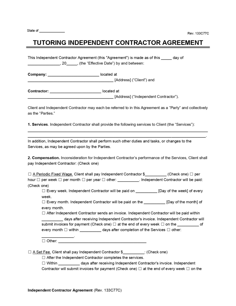 Free Tutoring Contract Template PDF Word Downloads   Tutoring Independent Contractor Agreement 768x994 