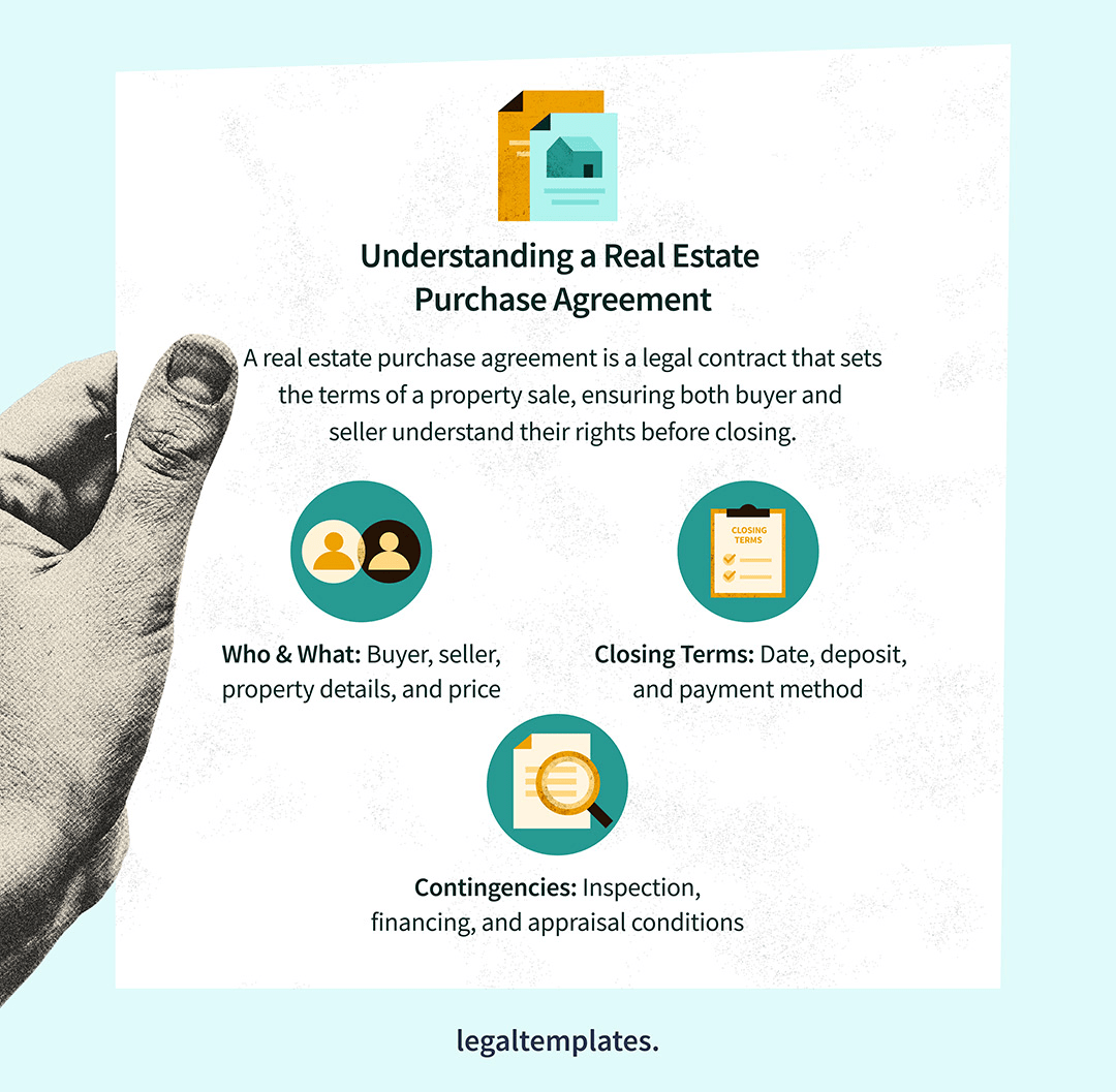 Understanding a Real Estate Purchase Agreement infographic defining a purchase agreement and who it's for