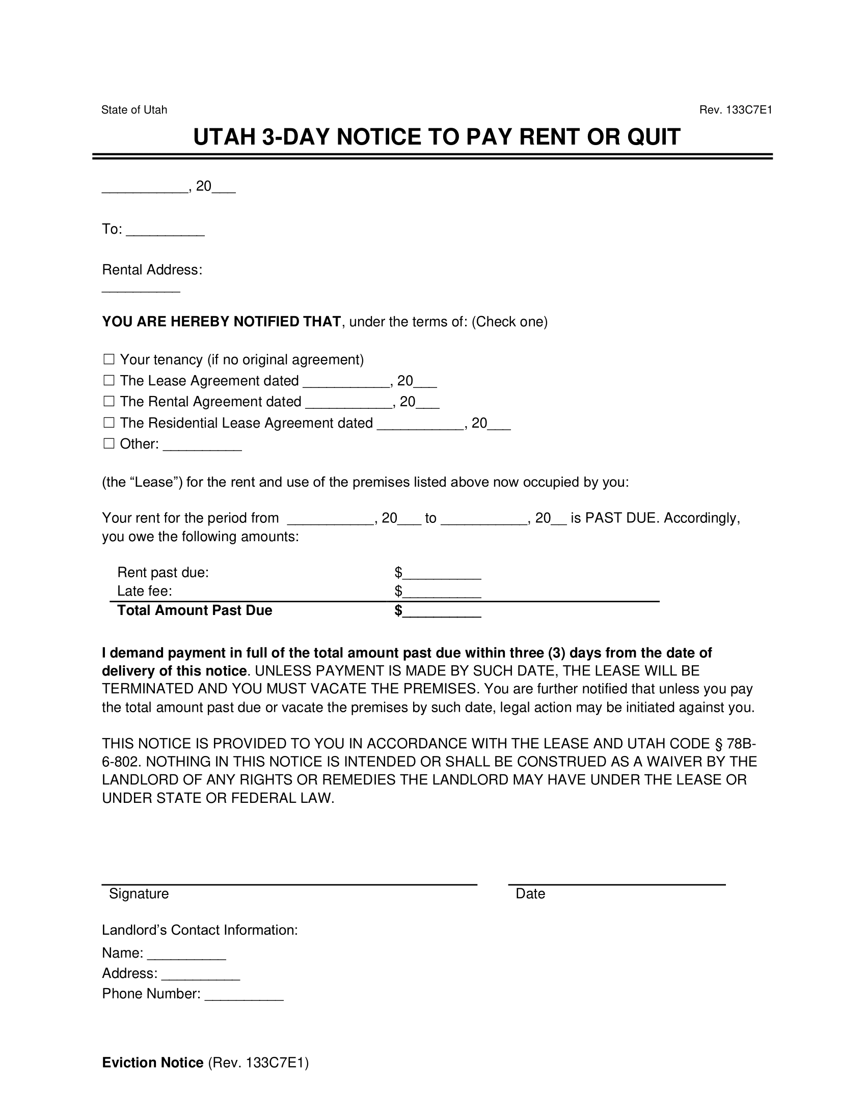 Utah 3-Day Eviction Notice to Quit (Non-Payment of Rent)