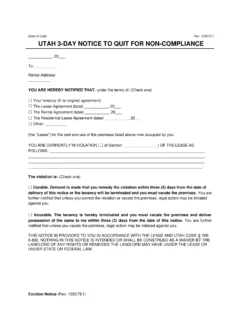 Utah 3-Day Notice to Quit Non-Compliance