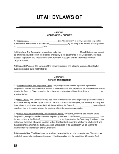 Utah Corporate Bylaws Template