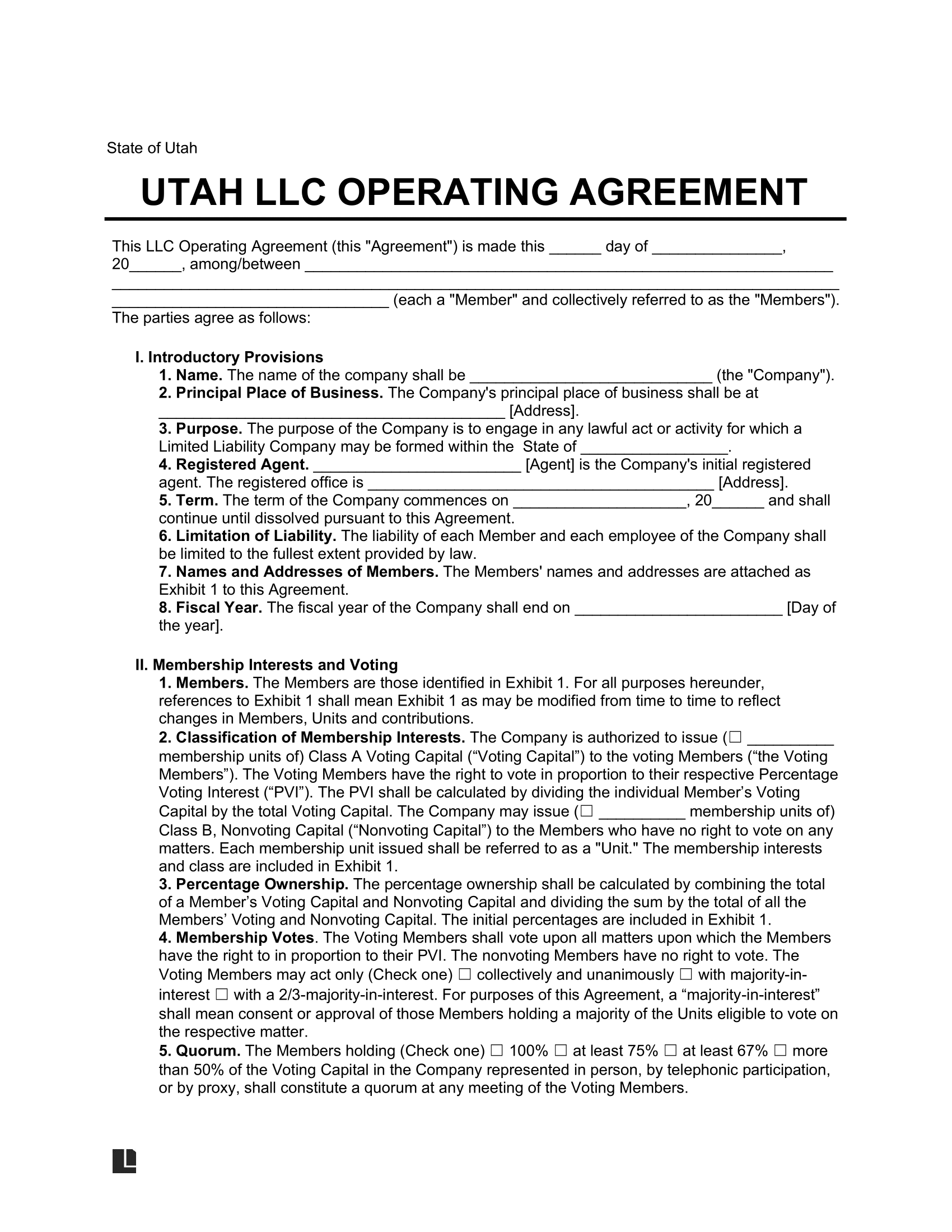 Utah LLC Operating Agreement Template