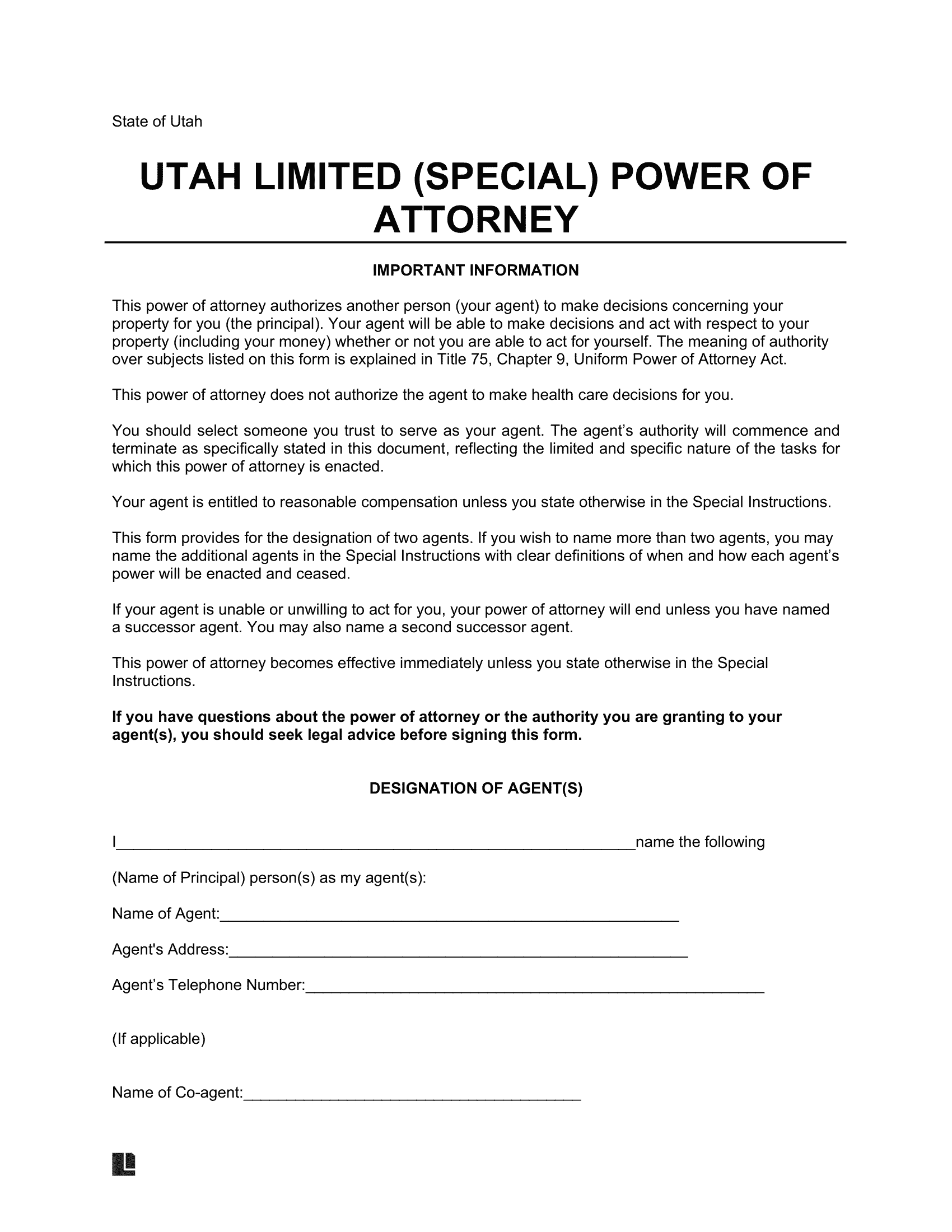 Utah Limited Power of Attorney Form