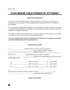 Utah Minor Child Power of Attorney Form