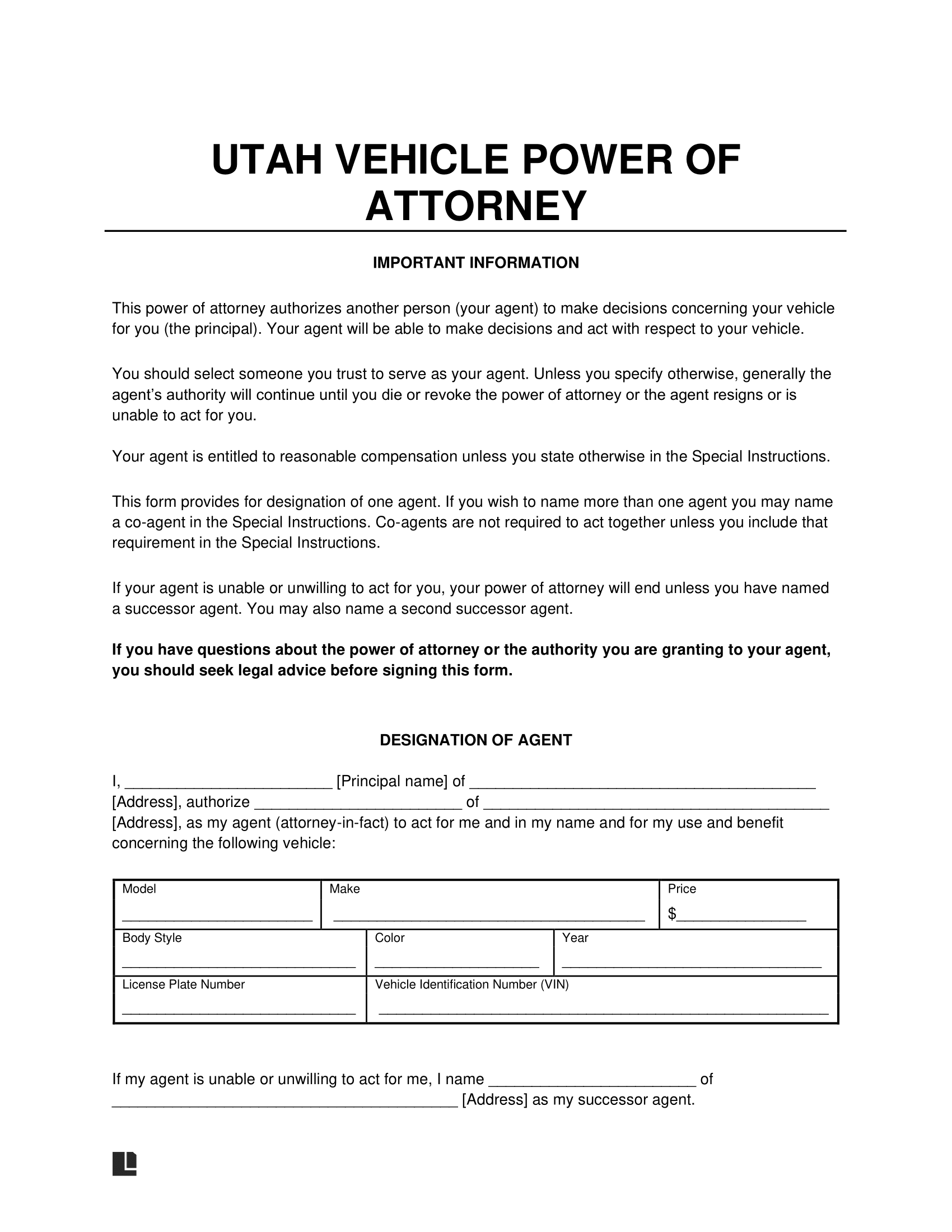 Utah Motor Vehicle Power of Attorney Form
