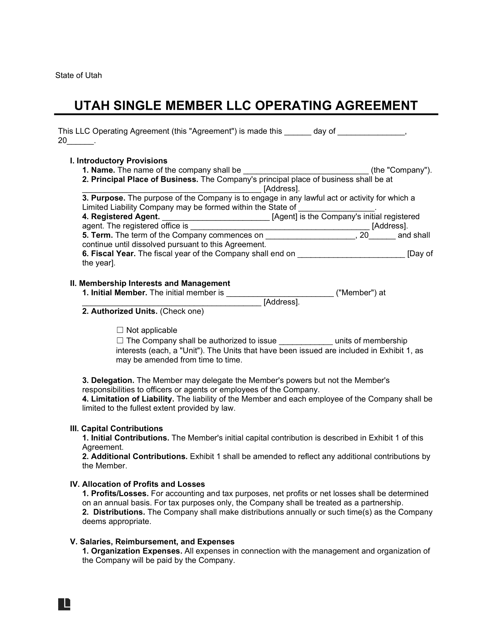 Utah Single Member LLC Operating Agreement Form