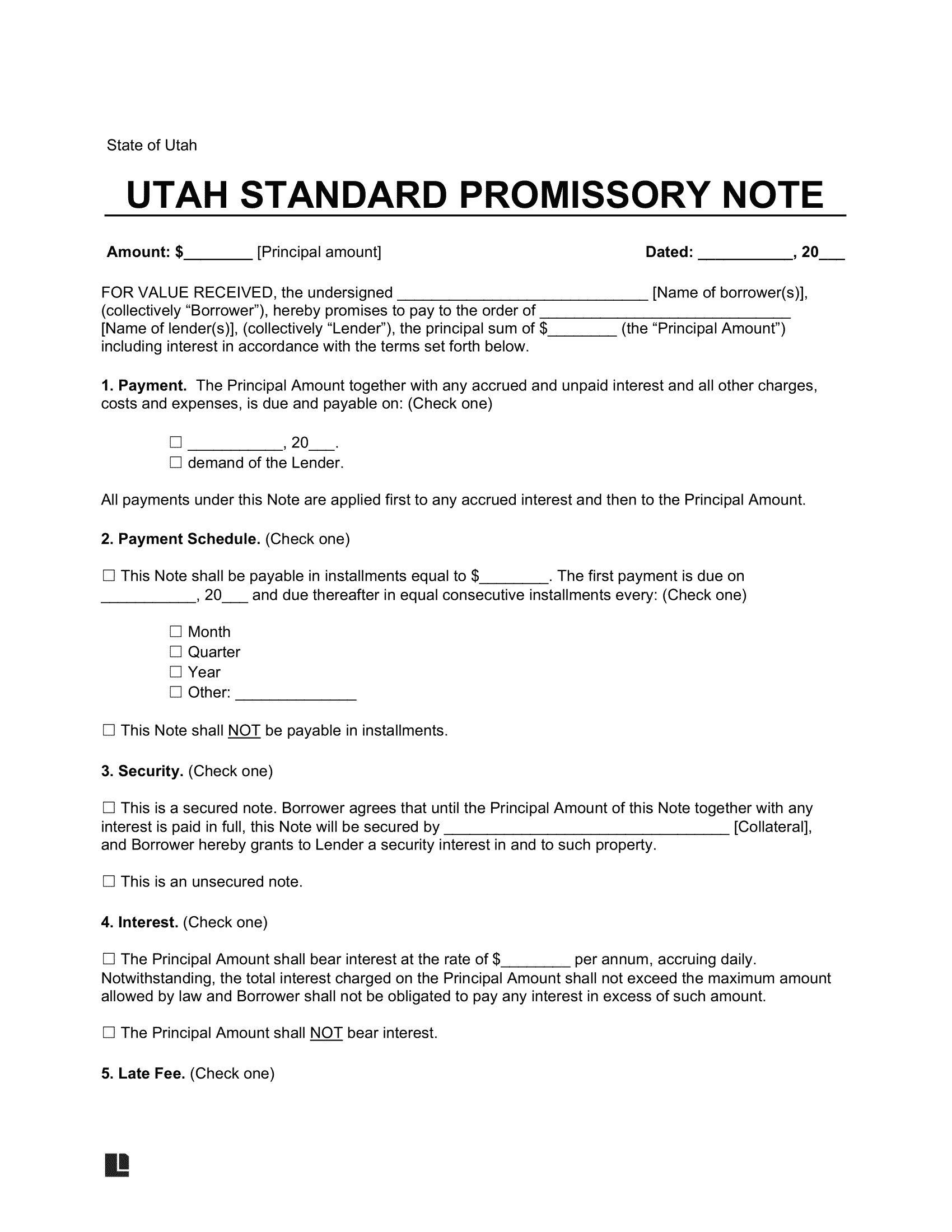 Utah Standard Promissory Note Template