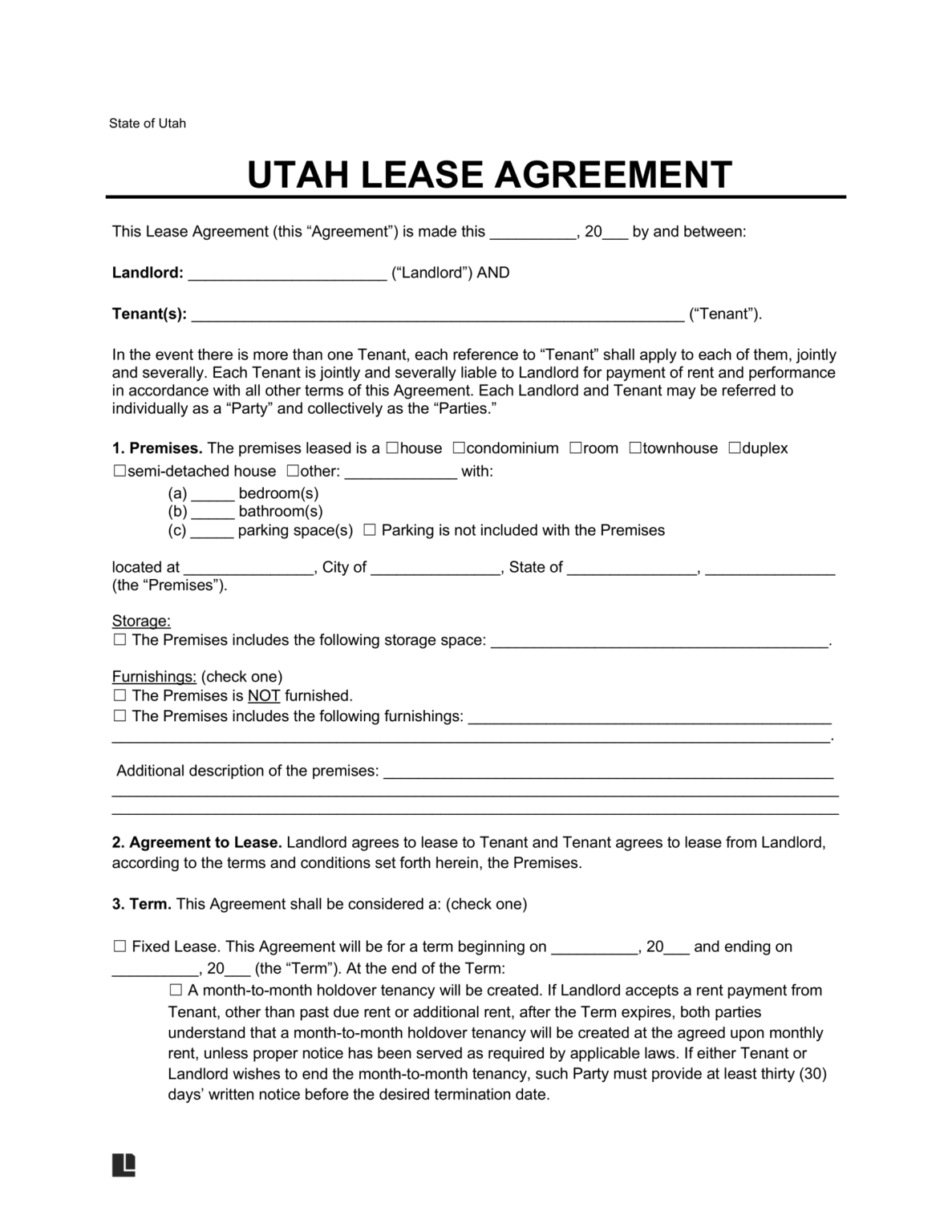 Free utah standard lease agreement template pdf word