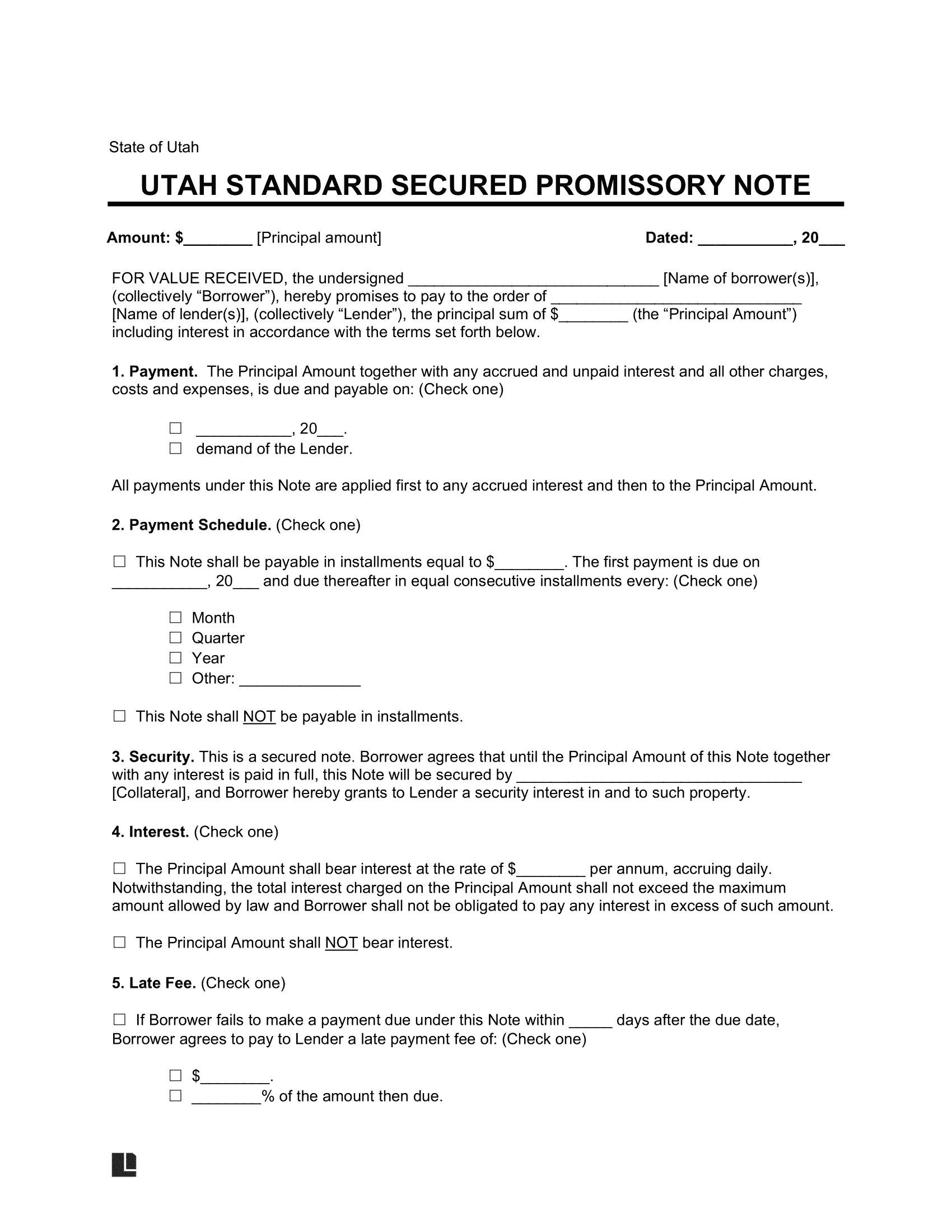 Utah Standard Secured Promissory Note Template