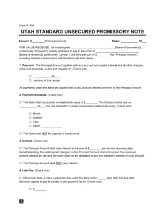 Utah Standard Unsecured Promissory Note Template
