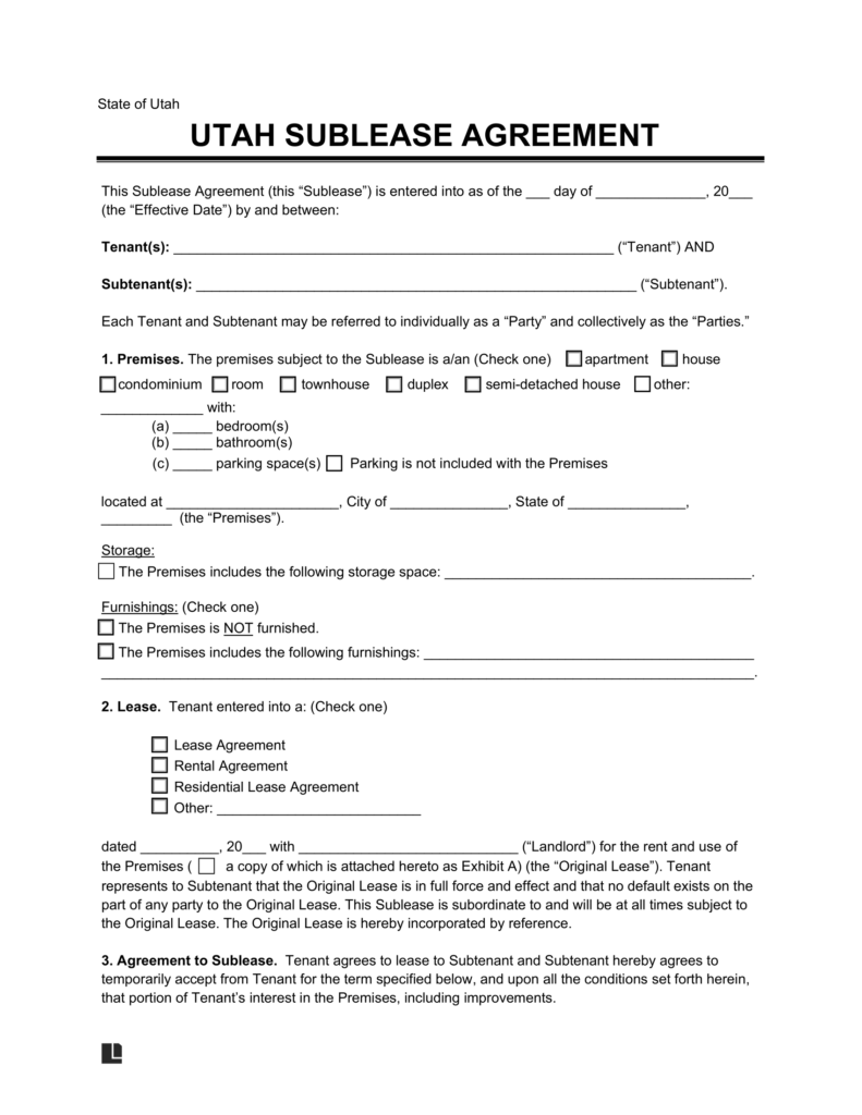 Utah Sublease Agreement Template