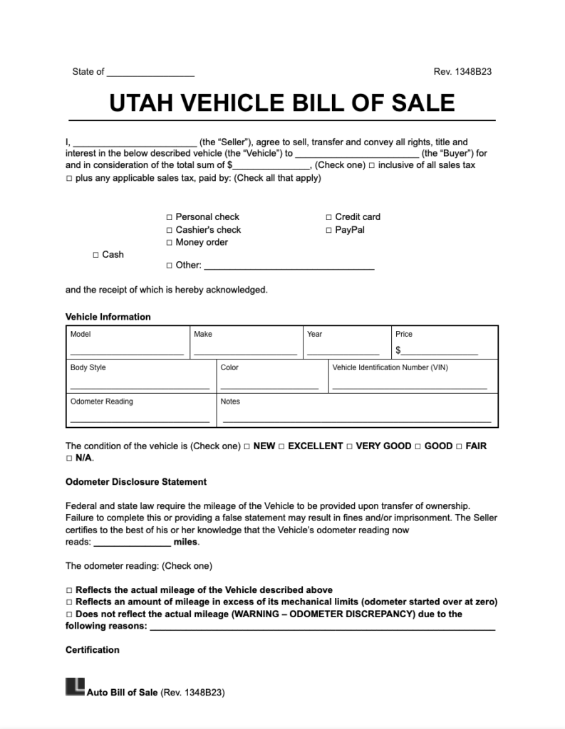 Free Utah Motor Vehicle Bill of Sale Form Legal Templates