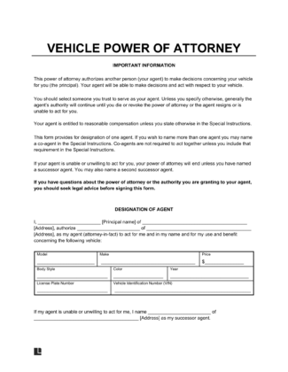 Vehicle Power of Attorney Form