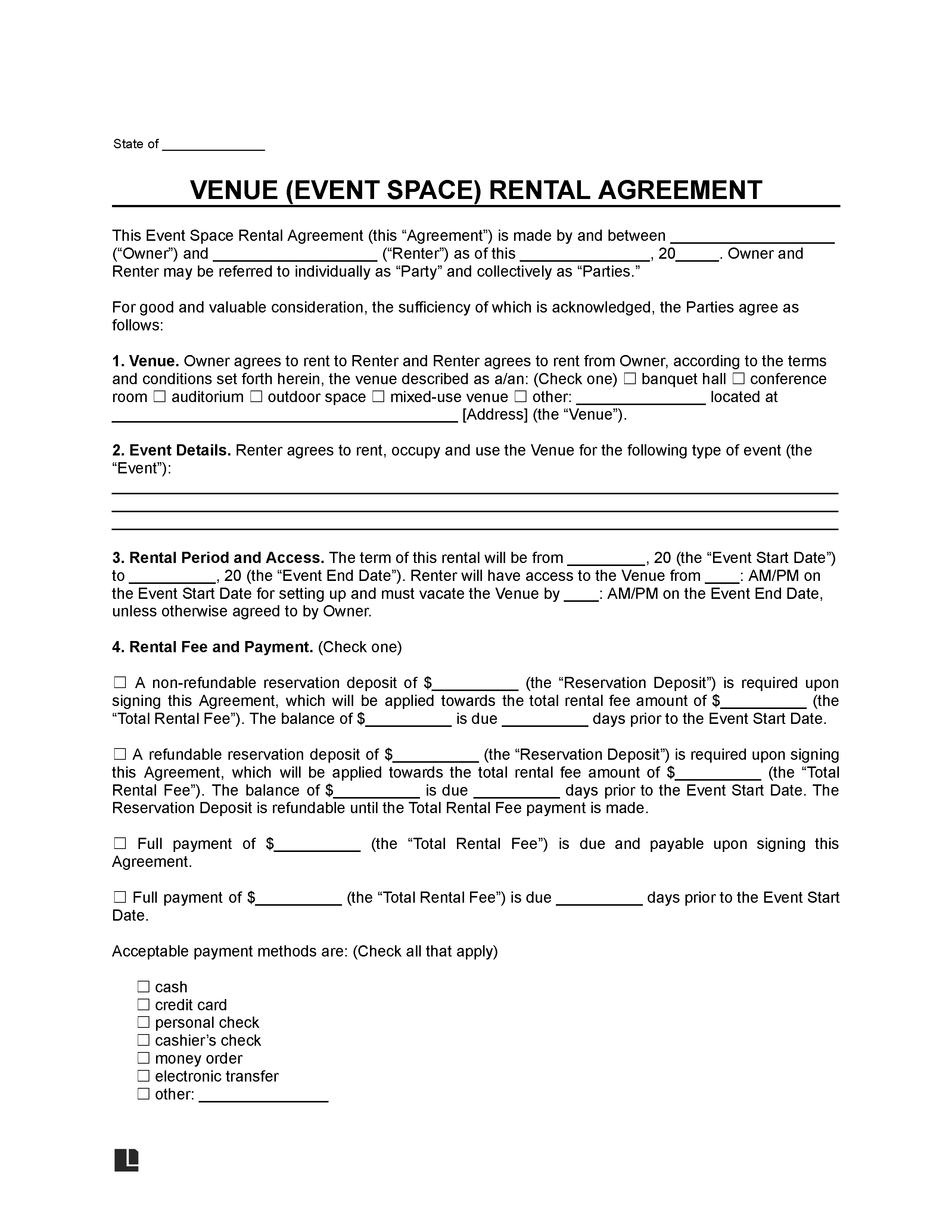 Venue Event Space Rental Agreement